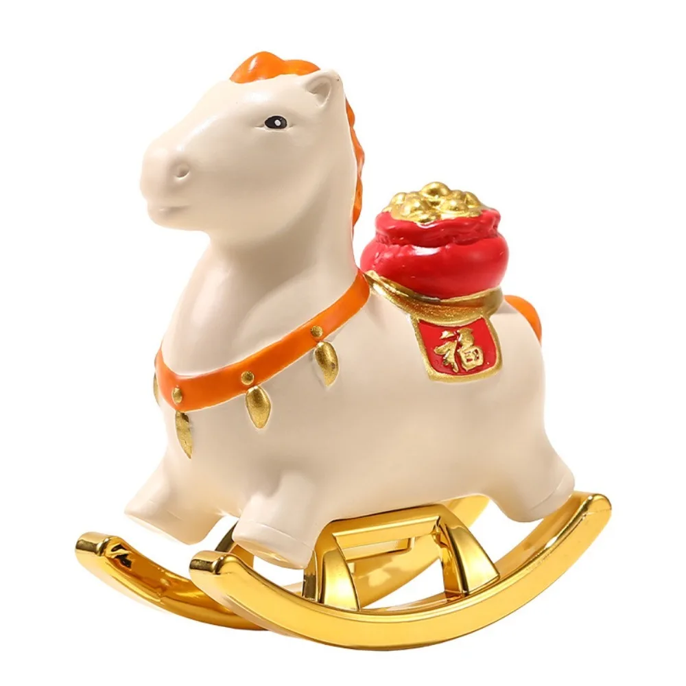 

Resin Year of The Horse Zodiac Ornament with Blessing Word Auspicious Horse Mascot Statue Mini Rocking Horse Desk Decoration