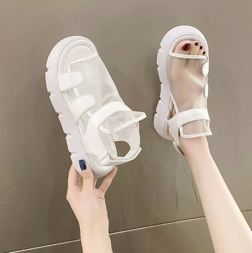 Sandals women 2023 summer new fashion thick-bottomed breathable Eugene yarn mesh magic paste Roman sandals Hook & Loop