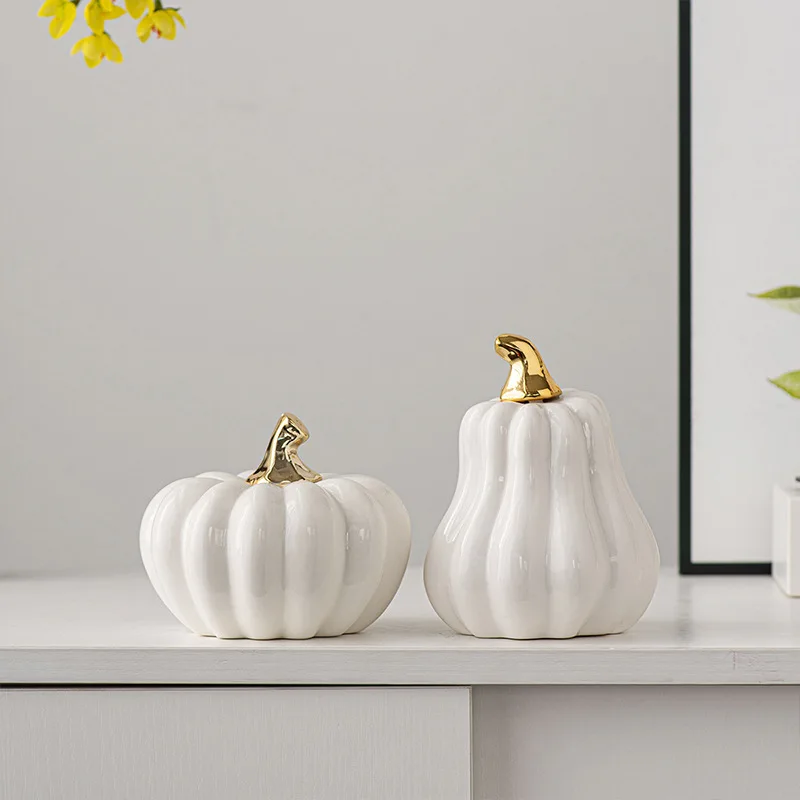 Ceramic Pumpkin Decor Orange Gold Stem Fall Tabletop Ornament Halloween Thanksgiving Home DecorationPumpkin Figurine with Gold