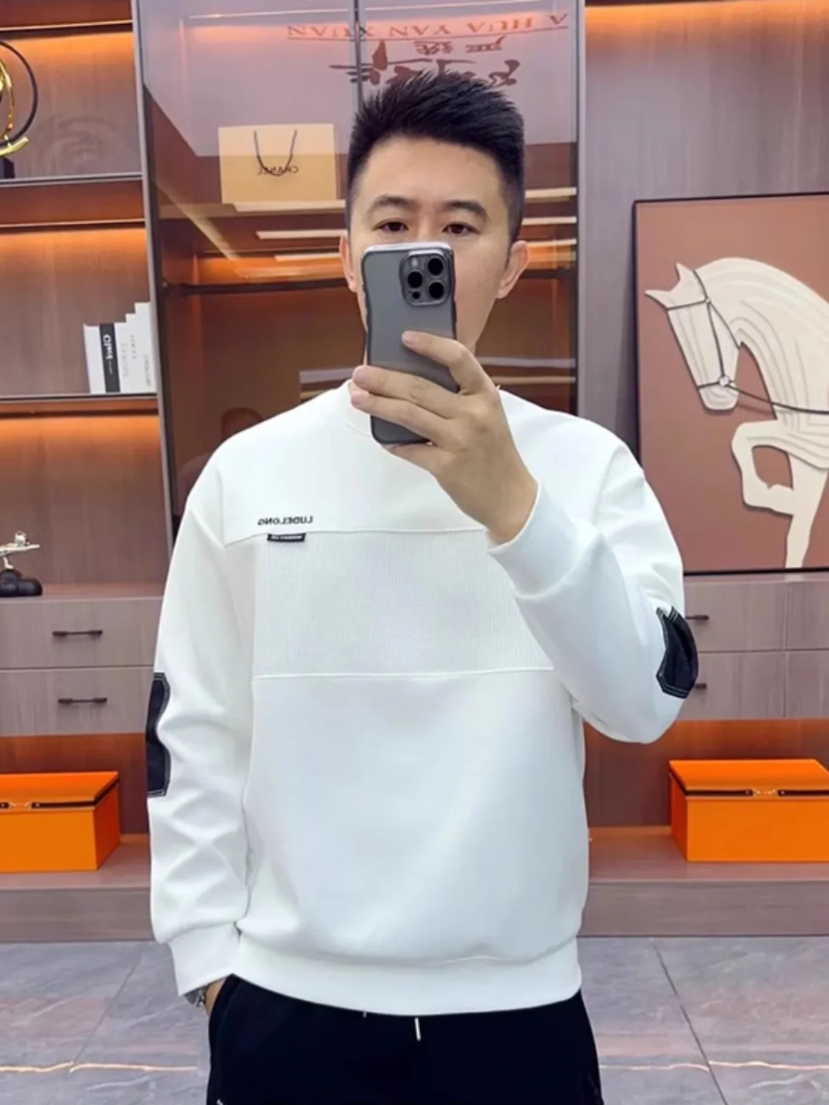 

New Fashionable Men's Sweatshirt Casual round Neck Long Sleeve Embroidered Patchwork Overhead Spring Autumn Polyester Fiber