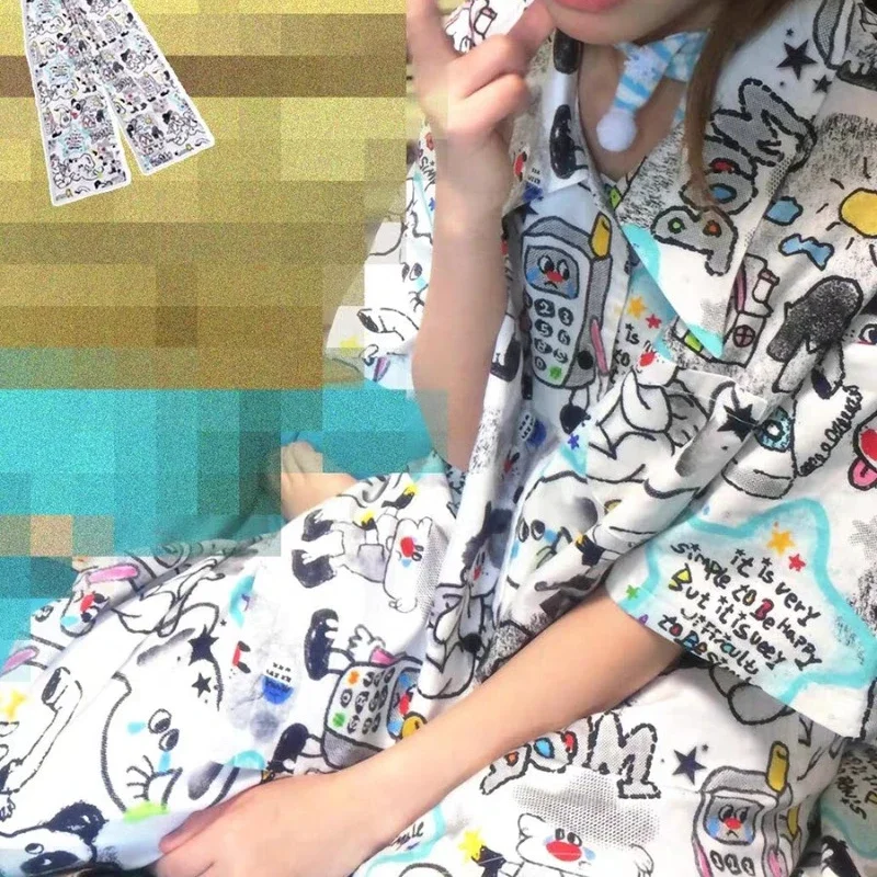Pajamas Clothes Set Women's Clothing Homewear Spring Summer Korea Cartoon Cardigan Comfort Casual Fashion Breathable Loose Fit