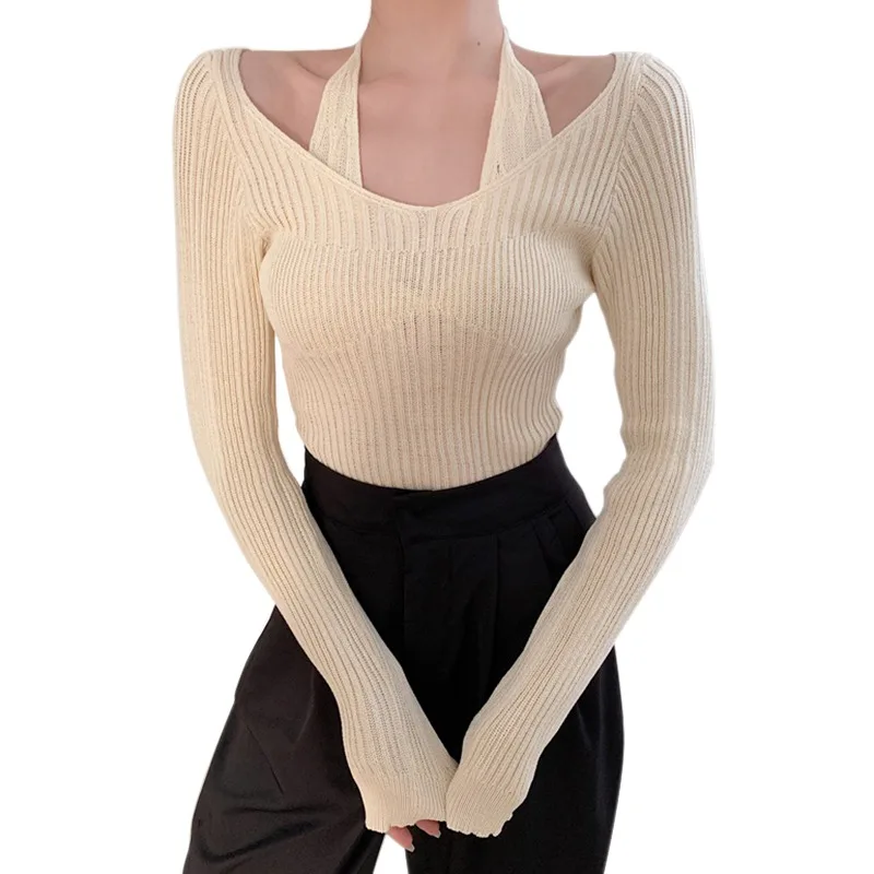 Womens Knit Sweater Long Sleeve Off Shoulder Halter Neck Tops Sexy Pullover Casual Loose Blouse Jumper Sweaters