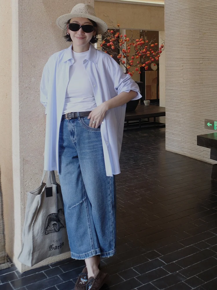 

Свободные синие джинсовые брюки-кюлоты INFFTRU Gardeners, прямые, с естественной талией, из хлопка, для женщин, зимняя коллекция