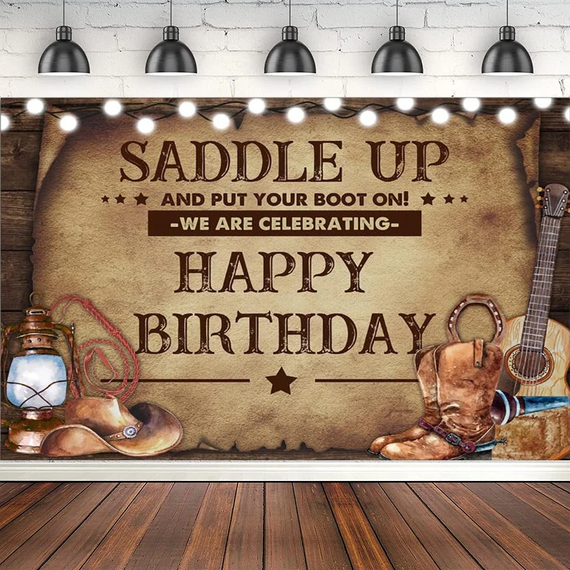 Photography Backdrop Saddle Up And Put Your Boot On We Are Celebrating Birthday Background Wooden Barrel Cactus Western Cowboy