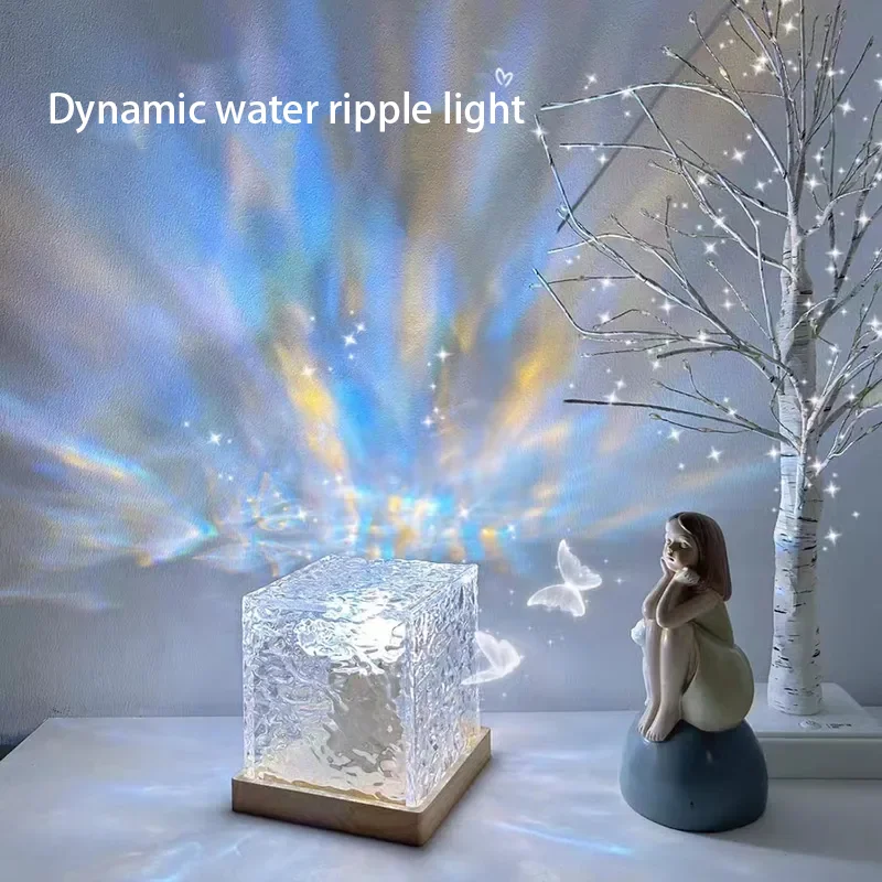 Lámpara de cristal de ondulación de agua, proyector de luces nocturnas, decoración de casas, dormitorio, atmósfera estética, regalo de vacaciones,