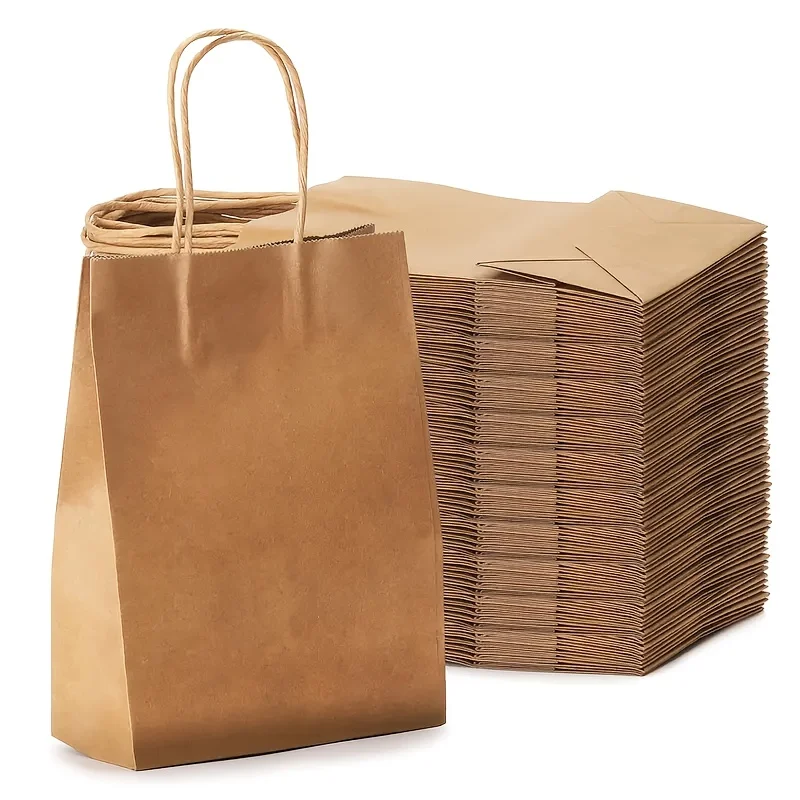 100 Kraftpapiertüten mit Griffen, 15 x 8 x 21 cm, handwerkliche Geschenktüten, Einkaufstüten, Partygeschenktüten, braune Papiertüten, Einzelhandelstaschen