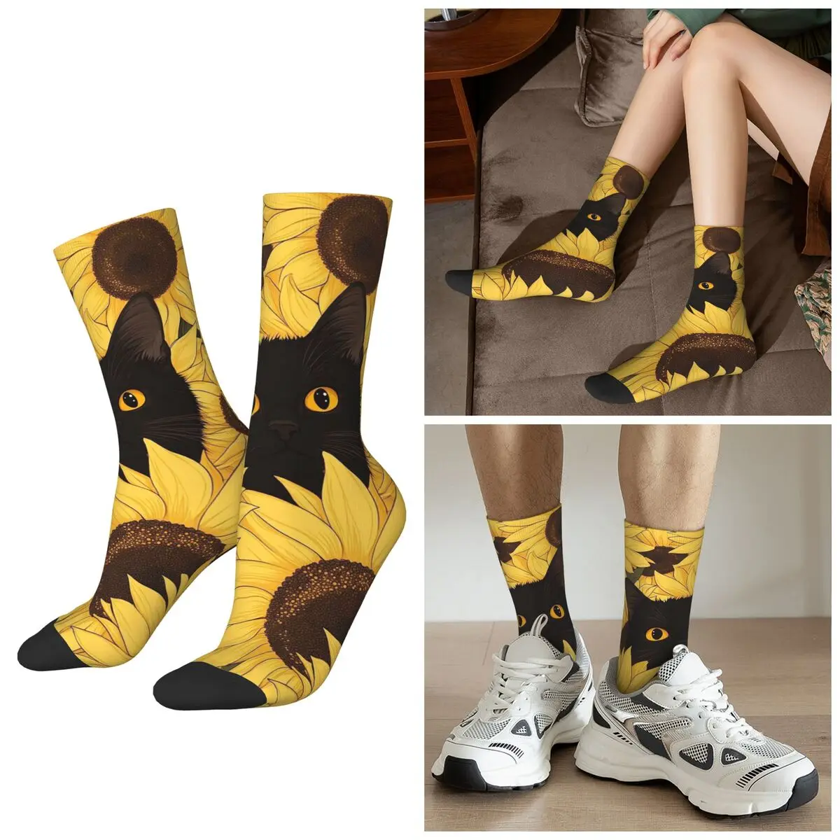 

Всесезонные носки с принтом подсолнечника и кошки, носки в стиле Харадзюку, чулки высокого качества для мужчин и женщин, подарки