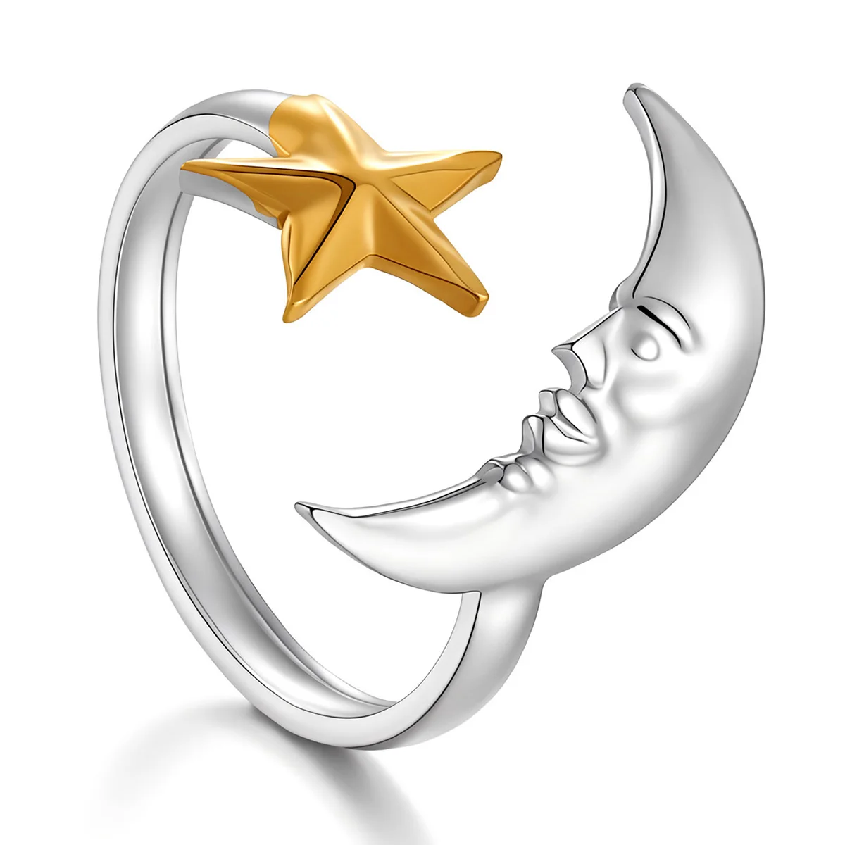 Stainless Steel Gold Star Moon Face Open Rings For Women Minimalist Metal Two Tone Adjustable Finger Ring Jewelry Party Gift