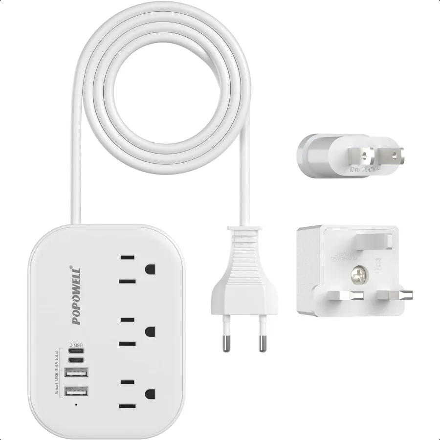 

European Plug AdapterEU UK US Travel Power Strip with 3 Outlets 4 USB Ports 3.4A International Power Adapter with 3 FT Extensio
