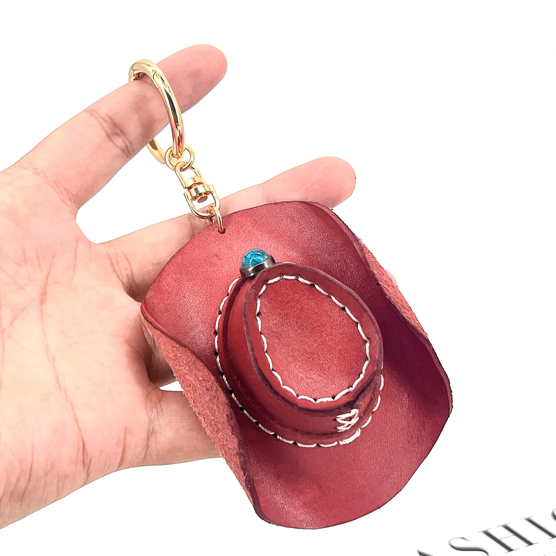 Vintage Western  Genuine Leather Cowboy Hat Key Ring Hand Stitched Turquoise Decor Fashion Handbag Accessory Gift for Men Women