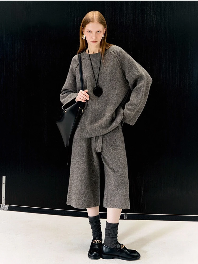 Spring Autumn Loose Knit Sweater Set Women Long Sleeves Pullover Sweaters+high Waist Casual Capri Pants Female Two Piece Set