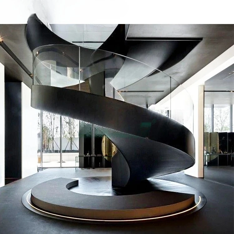 Interior Modern Wooden Tread Glass Balustrade Steel Curved Glass Stairs Home Stairs For Sale