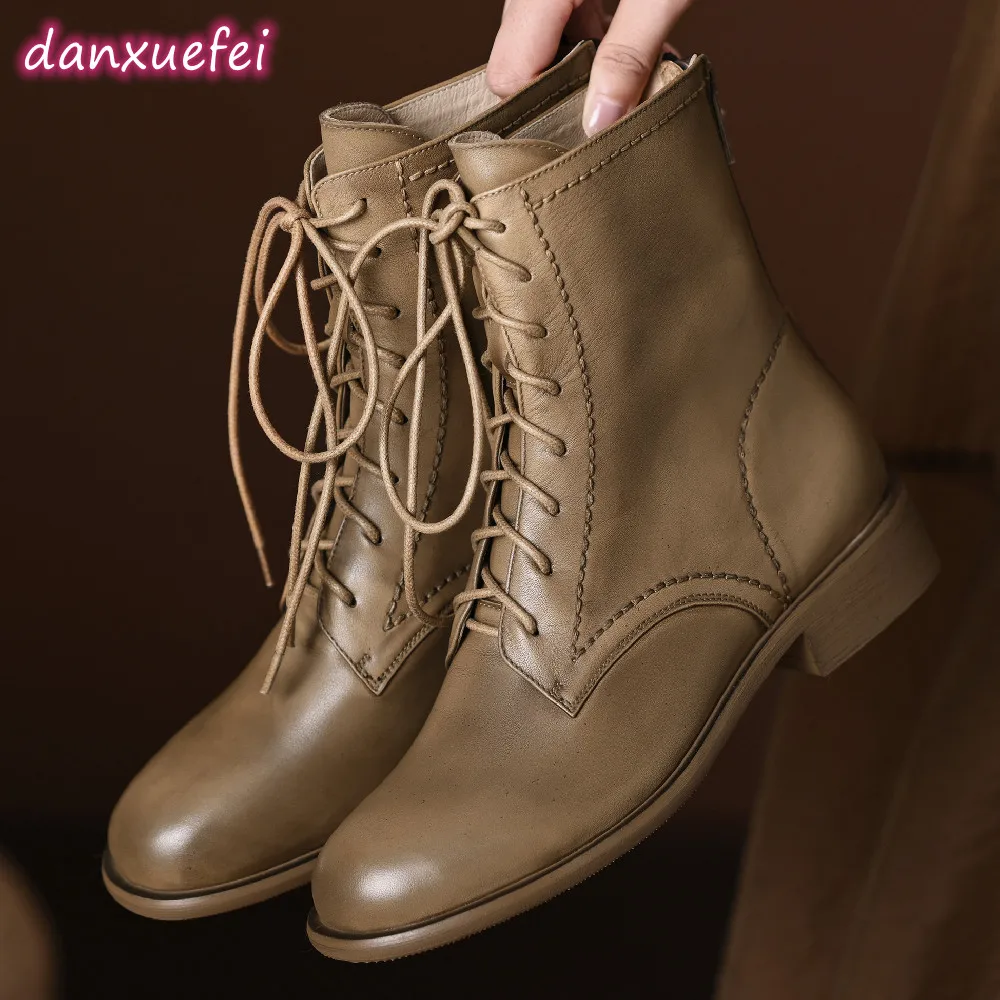 danxuefei women's genuine leather lace-up flats autumn ankle boots round toe back zip casual female high quality short booties