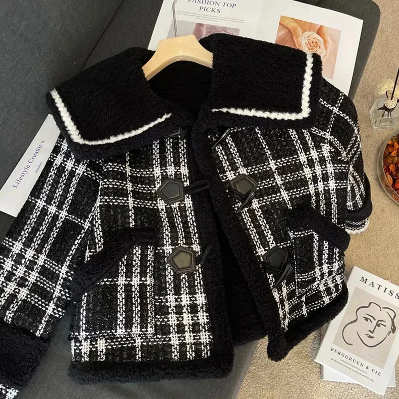 Women's Jacket  Retro Black Plaid Coat Female Exquisite High Sense Short Navy Collar Coat in Spring and Autumn and Winter New