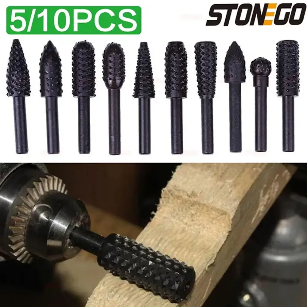 

STONEGO 5Pcs/10Pcs Shank Rotary Burr Set Wood Rasp File Drill Bits Rotary Rasp Set for Woodworking Rotary File Grinding Head