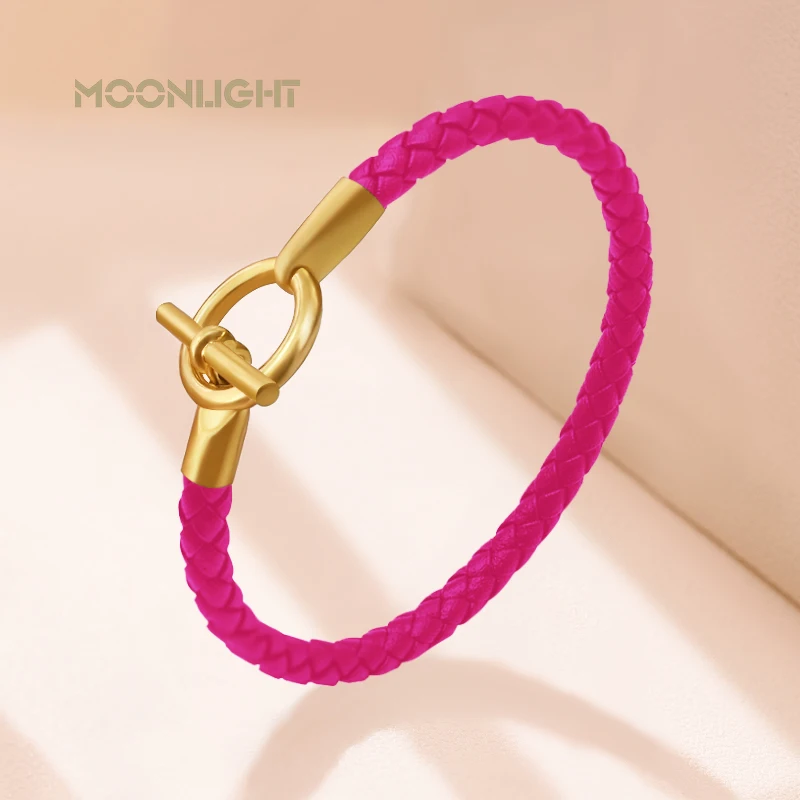 MOONLIGHT Women's Trendy Gold Color OT Lock Braided Leather Bracelet Classic Designer Men Women Bracelet Fashion Accessories