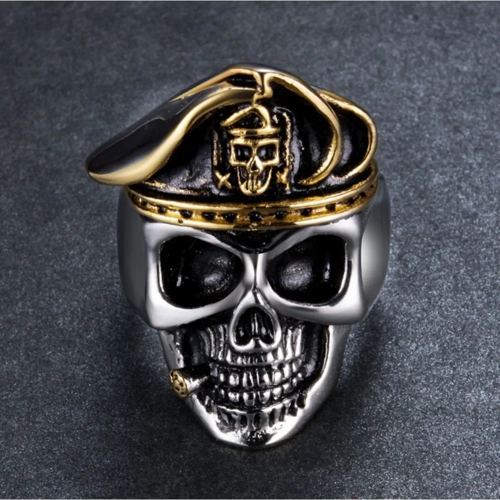 Bully Fashion Vintage Beret Skull Ring Men\'s Niche Creative Trend Goth Punk Hip Hop Rock Street Party Finger Ring Gift Jewelry