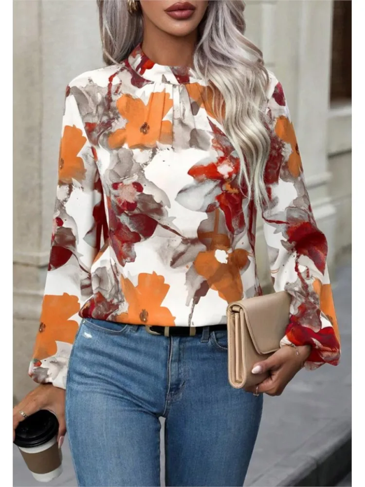 Elegant Women\'s Casual Shirts Spring Autumn New Painted Big Flower Folds Fashion Blouse Losse Pullover Top Boho Female Clothing