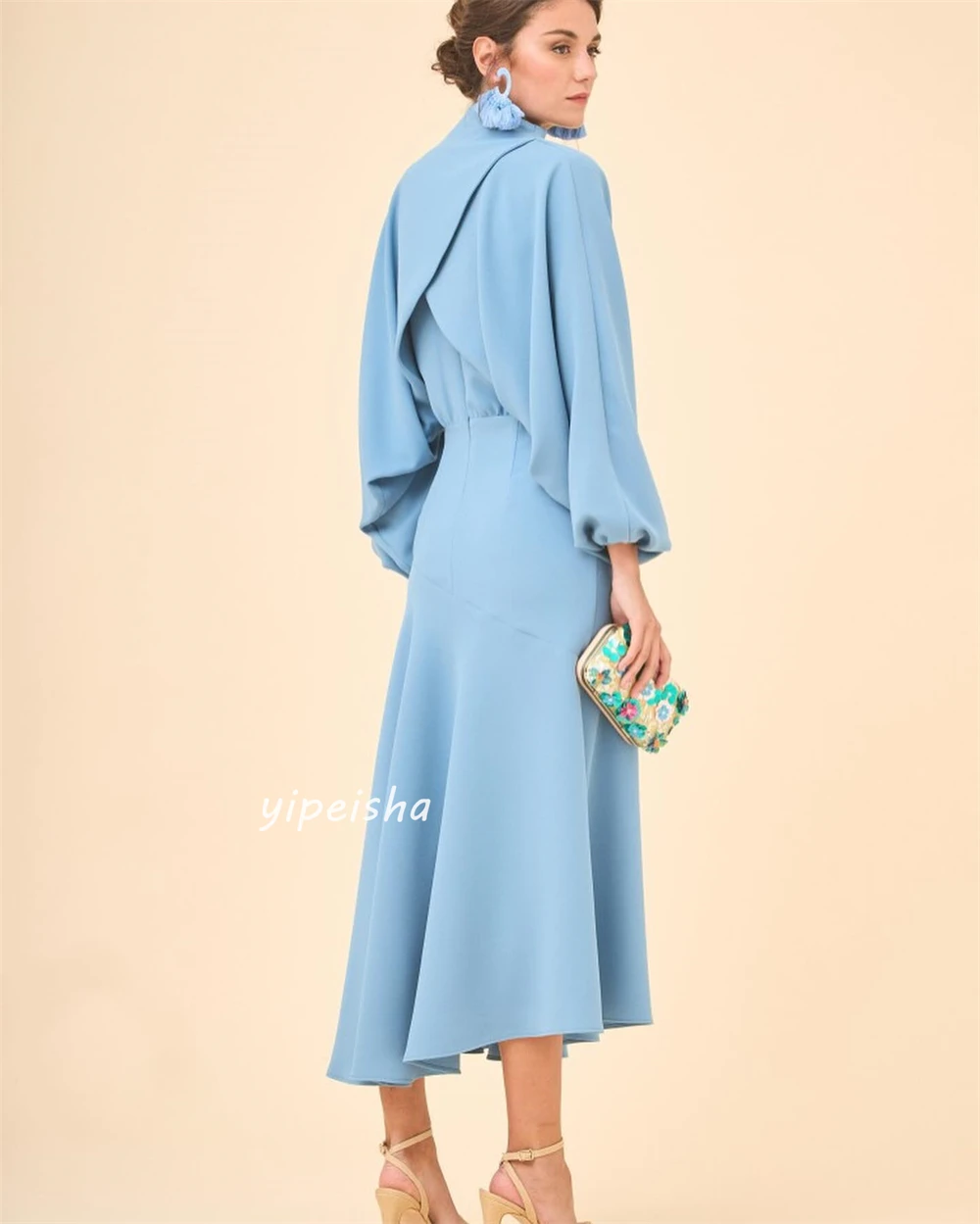 Customized Evening Jersey Draped Pleat Ruched Party A-line High Collar Bespoke Occasion Gown Midi Dresses Saudi Arabia