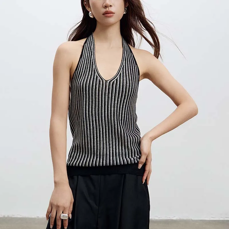 

Vertical Striped Halter Tops Knitted Vest Wool Blended