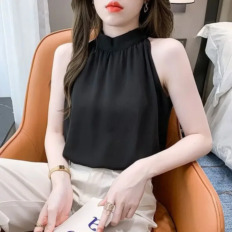 

Темпераментные женские топы, летние шифоновые женские блузки с круглым вырезом, белые рубашки без рукавов, 2025 Blusas De Mujer, модная корейская блузка