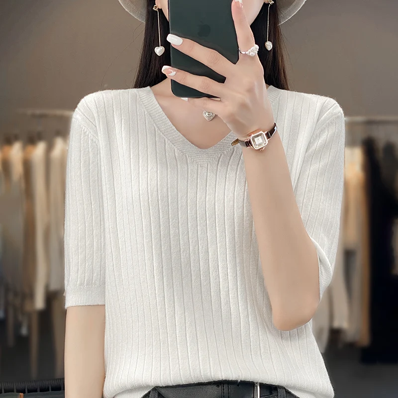 Spring And Summer New V-neck Short-Sleeved Women's Pullover Knitted Bottoming Shirt Half Sleeve Thin Solid Color Sweater
