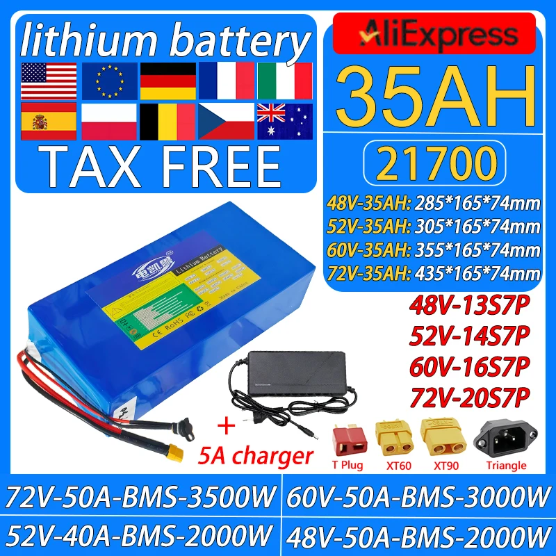 

Новый литиевый аккумулятор 48В 52В 60В 72В 35Ач 21700, 2000-3500Вт, с высокомощной BMS, для мотоциклов/трайков/велосипедов, без пошлин