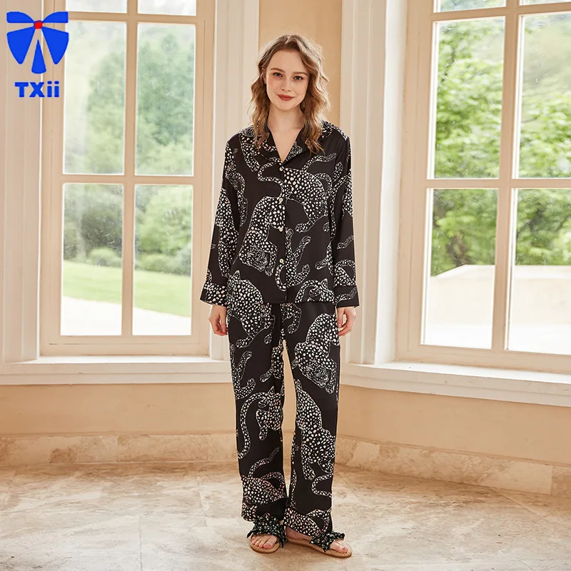 【 black jaguar 】comfortable Ice Silk Pajamas Women High-end Sense ins Style Lapel Spring/Summer Long Sleeve Home Suit 19