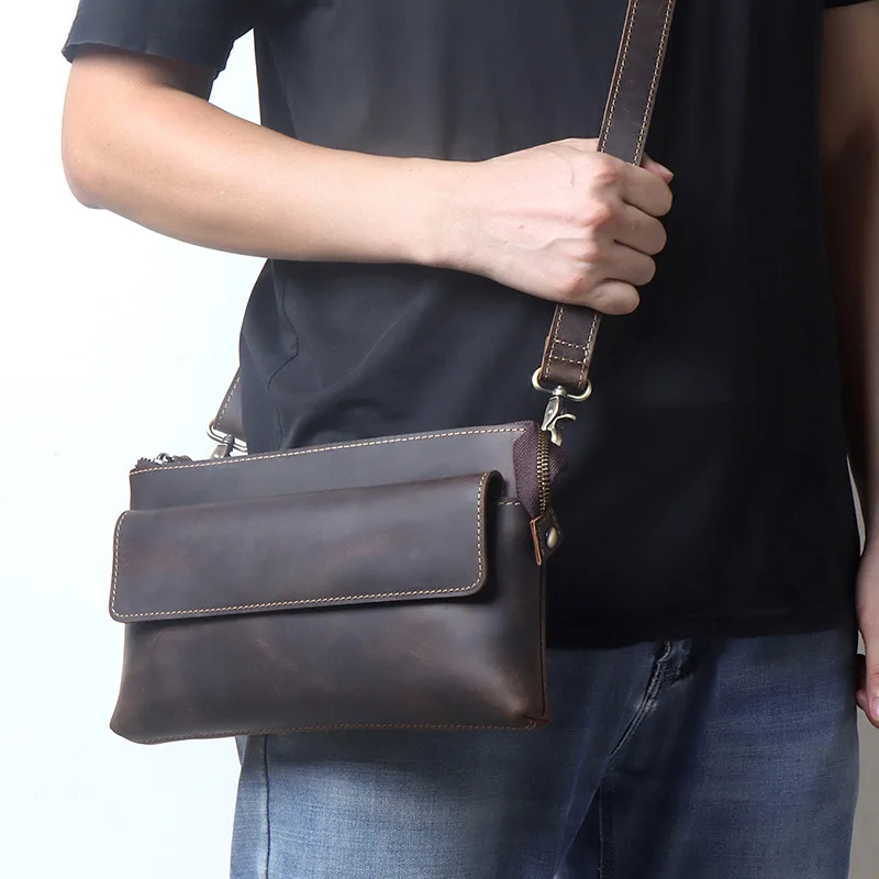 

Retro Crazy Horse Leather Shoulder Bag - Men's Handcrafted 4-in-1 Crossbody Pack, Vintage Phone Purse with Magnetic Closure