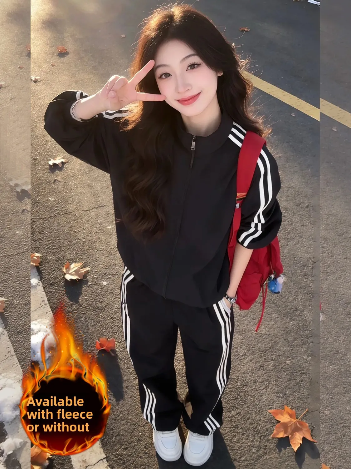 

Casual Sportswear Set Women's Winter Fashion Anti-Aging Fleece-Lined Jacket High Waist Wide Leg Pants Two-Piece Set College S...