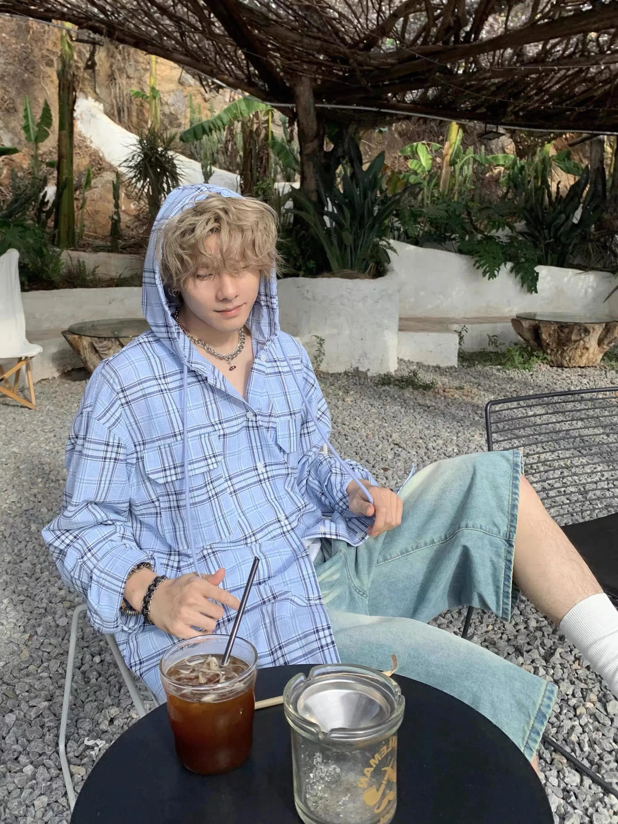

Male Ins Chic Y2K Plaid Hooded Shirts Tops Men Boy Casual Daily Youthful Korea Fashion Pocket Japanese Safari High Street Blouse