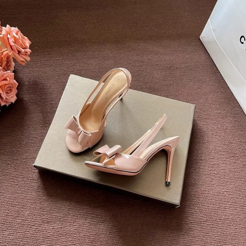 

Women's High Heeled Sandals Fashion Patent Leather Summer Open-toed Sandals French Style Elegant Bow Stiletto Heeled Sandalias