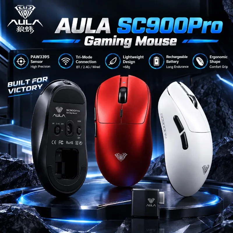 AULA SC900Pro Gaming Mouse PAW3395 Sensor Tri Mode Wireless Bluetooth 2.4G Wired 26000DPI 8K Polling Rate Lightweight Esports