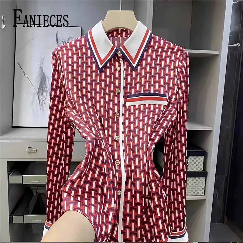 FANIECES S-4XL Ropa De Mujer Vrouwelijke Rode Plaid Gedrukt Blusas Shirt Knop Casual Polo-Hals Blouse Lente Herfst Dameskleding