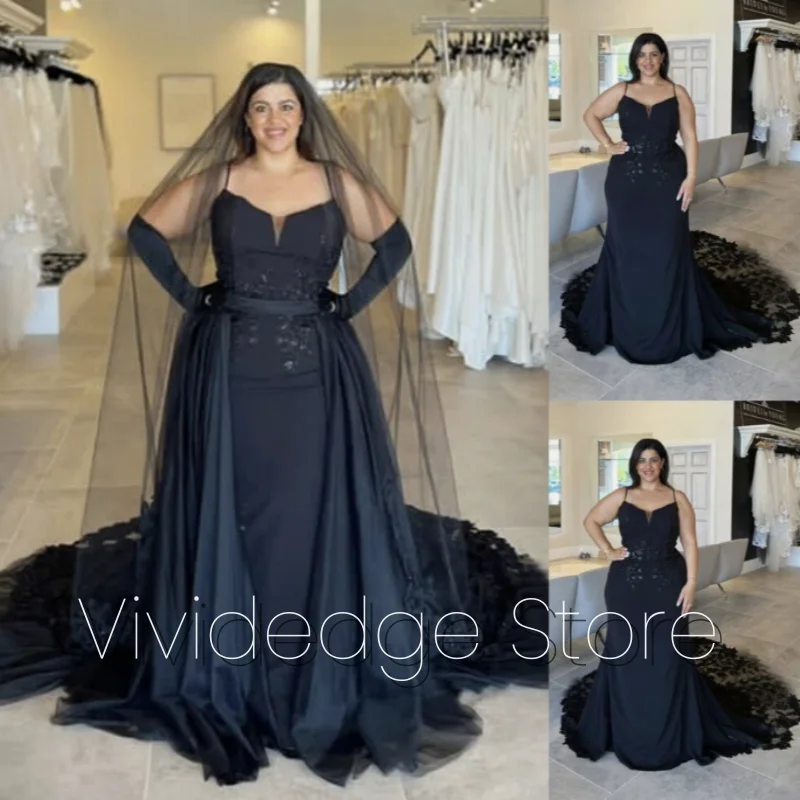 Unique Black Gothic Wedding Dresses V Neck Sleeveless Beaded Lace Detachable Trailing Bridal Gowns Customized