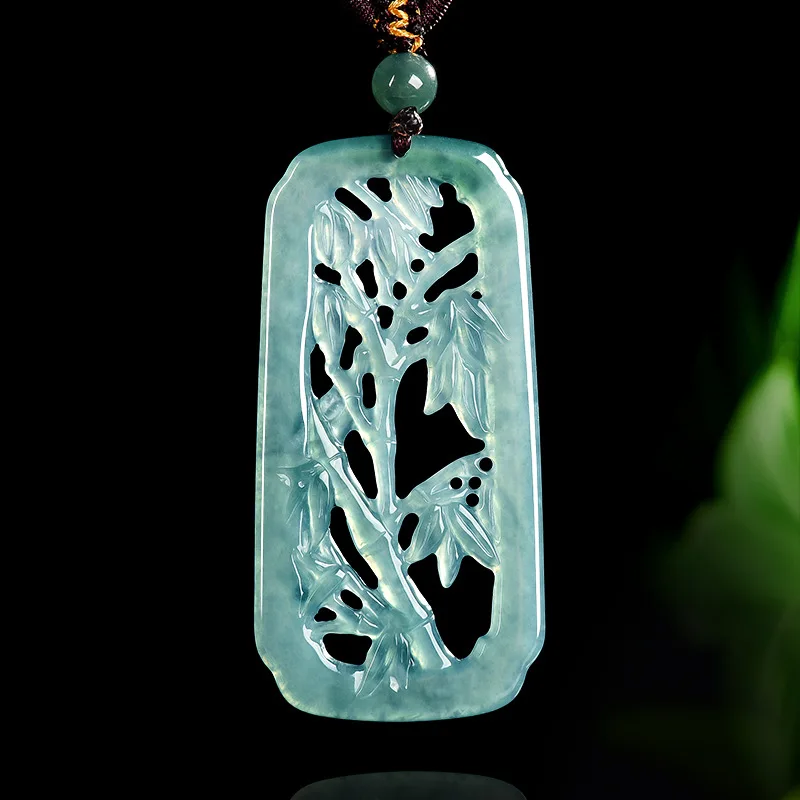

Natural A-grade Jadeite Blue Water Hollow Bamboo Pendant Ice Seed Jade Chinese Style Flower Piece Men's Charms Women's Jewelry
