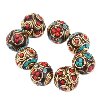 1 adet nepal budist el yapımı yuvarlak 15mm-16mm tibet pirinç Metal ve kil gevşek zanaat boncuk takı yapımı için DIY kolye