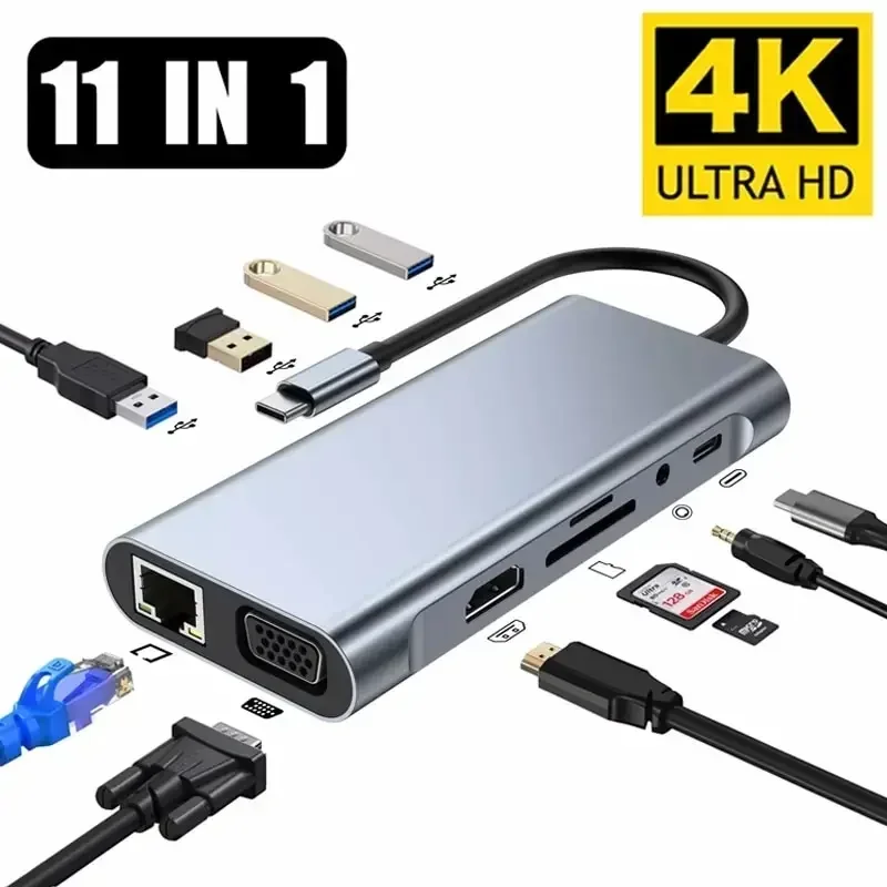 

11 In 1 Usb C Hub For Macbook Air Pro, Compatible Type C To Hdmi,Usb3.0 Rj45, 11 Port Base With Pd, Tf, Sd, Aux, Splitter 3.0