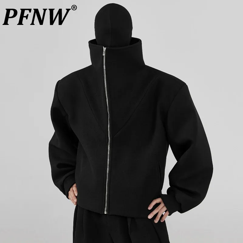 

PFNW Niche Design Men's Thicked Jackets V-shaped Split Silhouette Shoulder Pad Turtleneck Woolen Coat Unisex Trendy Short Coats