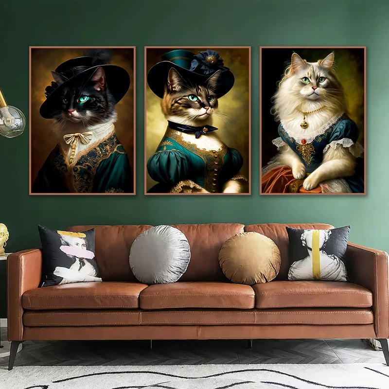 Renaissance European Aristocrat Black Cat White Cat Drink Beer Elegant Animals Poster Canvas Print Wall Art For Room Home Decor