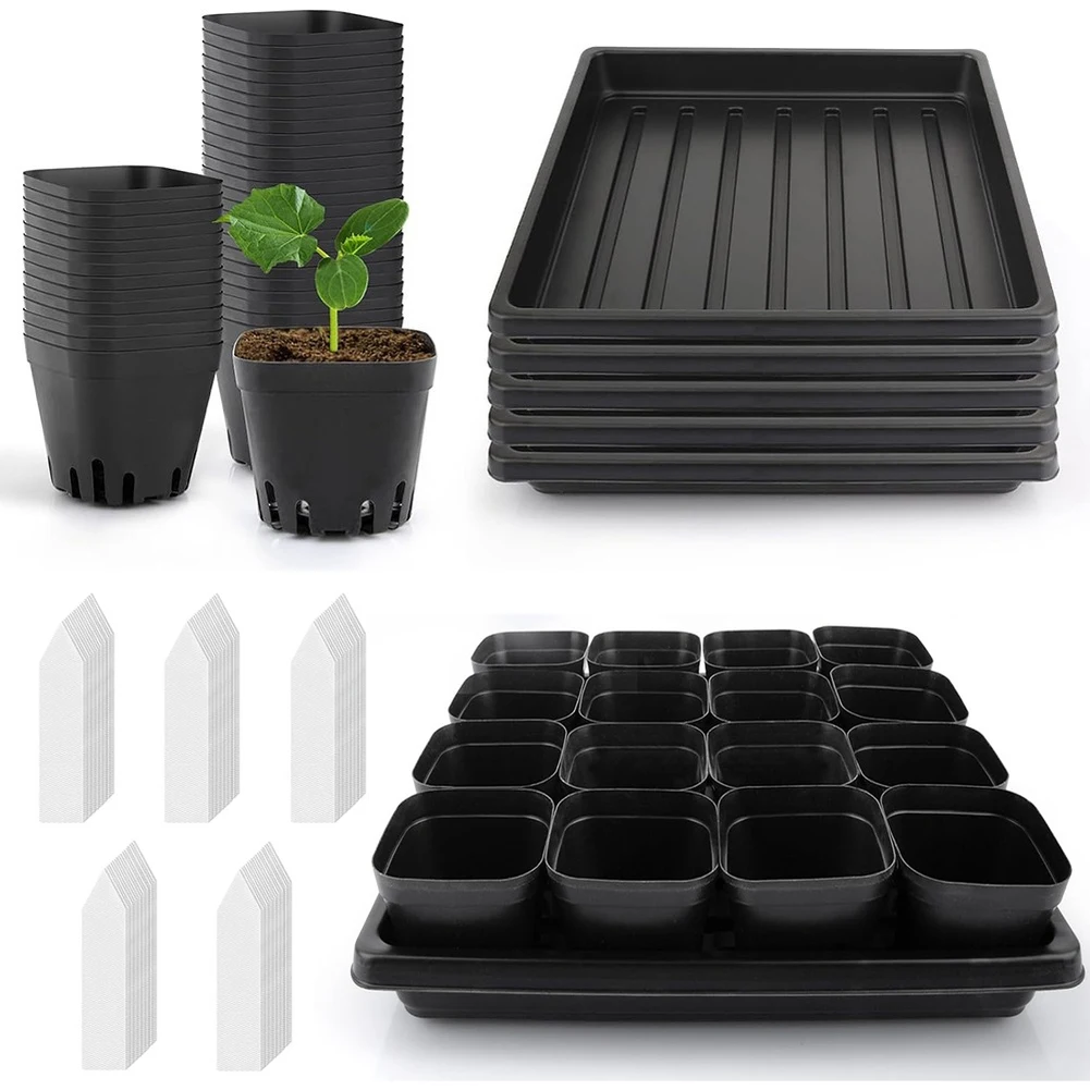 100Pcs ABS Square Pots with 5 Trays and 100 Labels for Organized Plant Starting in Greenhouses or on Balconies