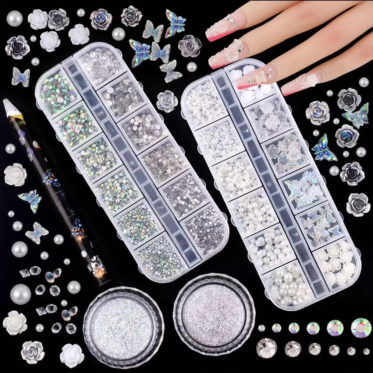 4 cajas de juegos de decoración de uñas, diamantes de imitación de parte posterior plana de color transparente y Ab, accesorios para uñas de mariposa y flor de perla acrílica, accesorios pequeños para uñas con diamantes de imitación