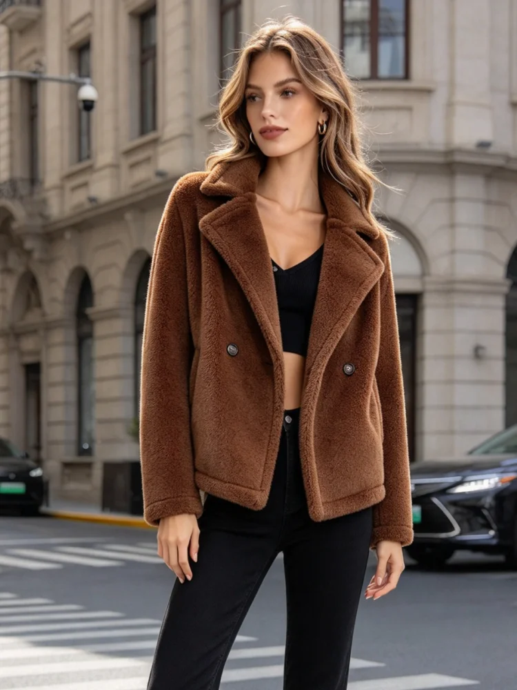 Women's Short Teddy Coat Lapel Double Breasted Fluffy Sherpa Fleece Jacket Warm Winter Casual Outerwear With Pockets