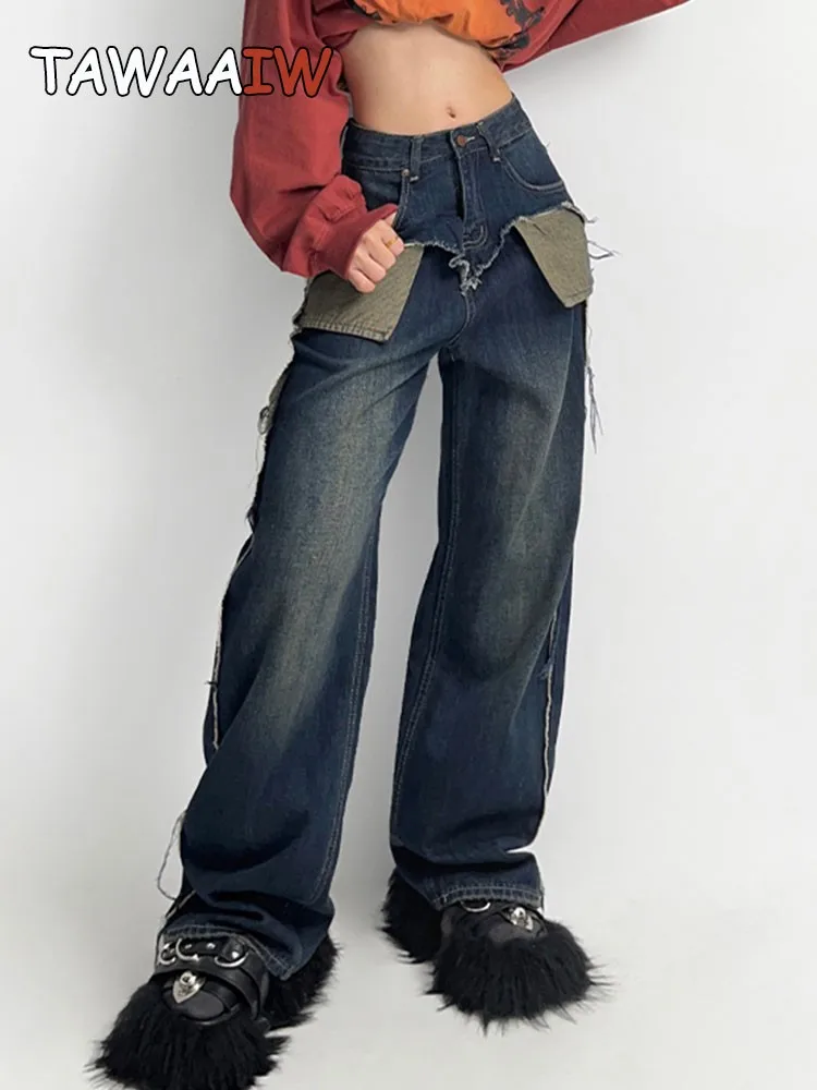 

Tawaaiw American Retro Mom Jeans Wide Leg Pants Distressed Patchwork Boyfriend Jeans For Women Denim Trousers Korean Fashion
