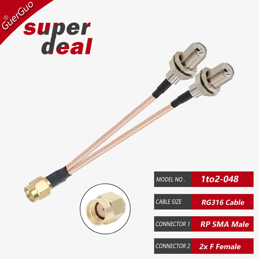 RF Coaxial RG316 Cable Pigtail RP SMA Male Plug to F Female Jack Connector 1to2 Y Type Splitter Combiner Modem Router Antenna