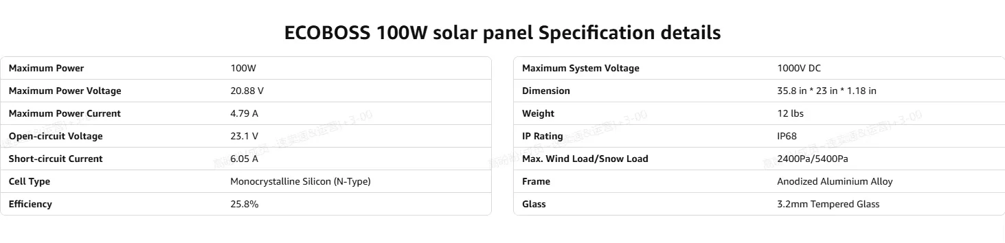 ECOBOSS 100W Solar Panel N-Type 16BB 25.8% Efficiency 100 Watt Solar Panels Monocrystalline Modules for 12V Off-Grid Systems Trailers Campers Boats Farms Cabins and Rooftops