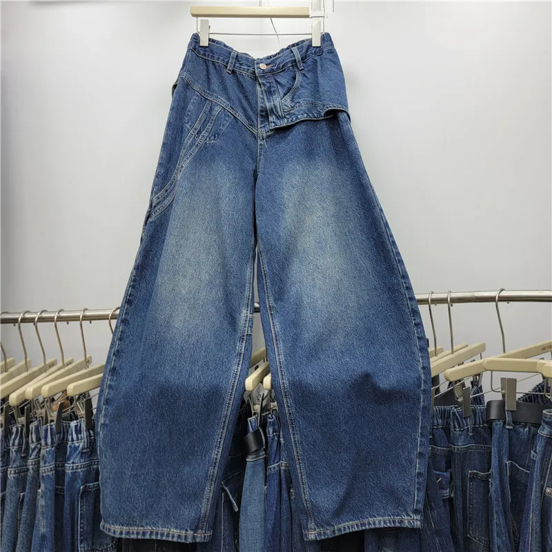 SuperAen High-waisted Asymmetrical Patchwork Straight Denim Pants Women 2026 Autumn New Retro Design Full-length Wide-leg Pants