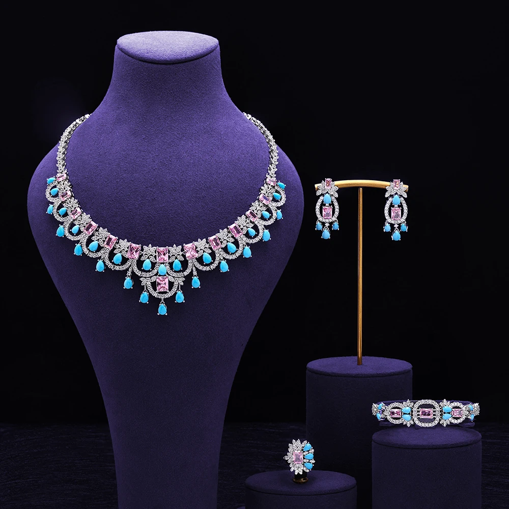 

HIBRIDE Exquisite Sparkle Blue Necklace Earrings Bracelet Set Women's Dress Decorative Jewelry Wedding Host Ball Gift S-1013