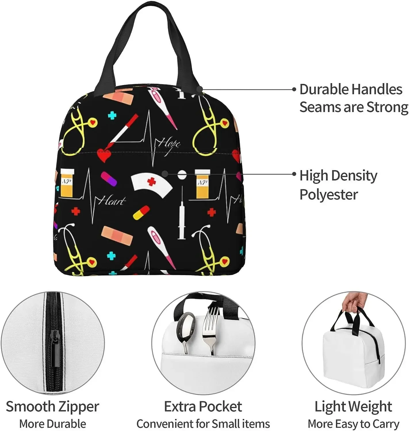 Nurse Reusable Insulated Lunch Bag Leakproof Portable Lunch Box with Side Pocket Thermal Cooler Bento Box for Work Picnic Travel