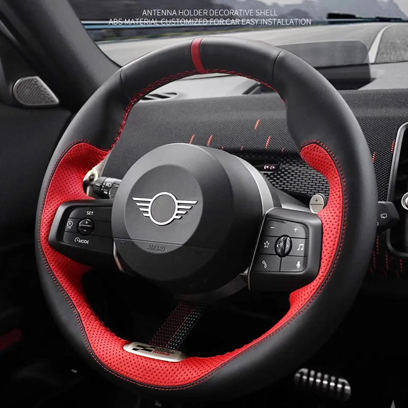 DIY Full coverage Sports style Steering Wheel Cover for Mini Cooper S Countryman U25 F65 F66 2024 2025 red leather Accessorie